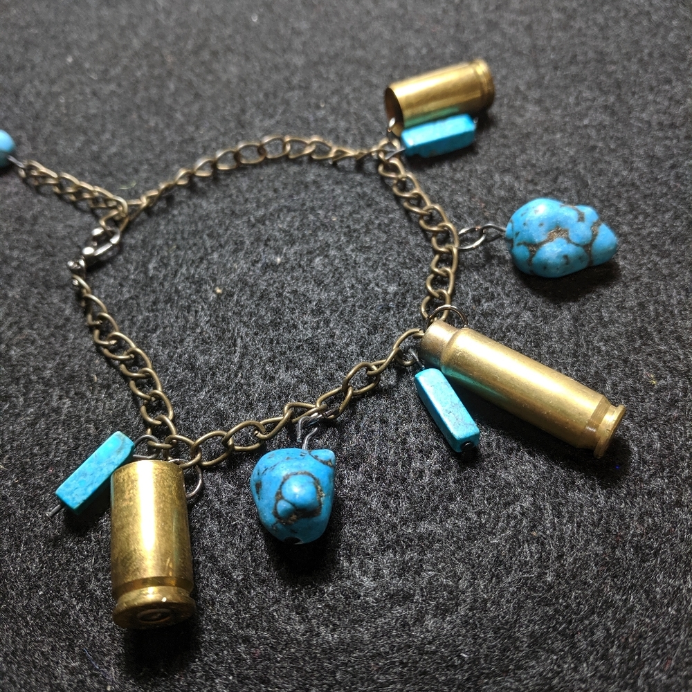 Adjustable bullet shell and turquoise bracelet